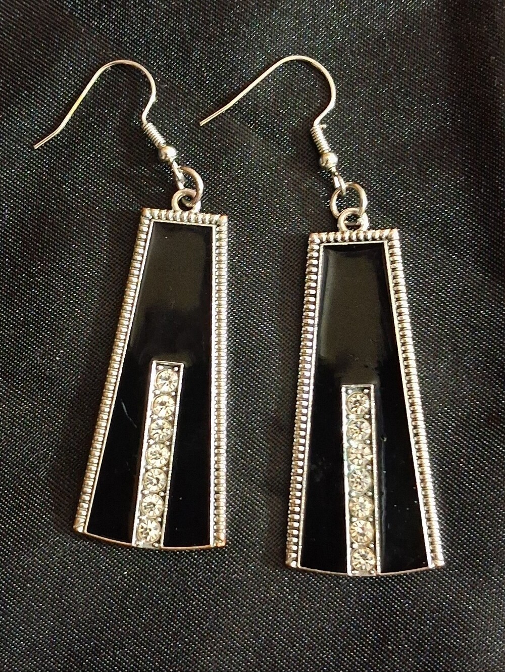 Black Enamel and Crystal Bar Drop Earrings